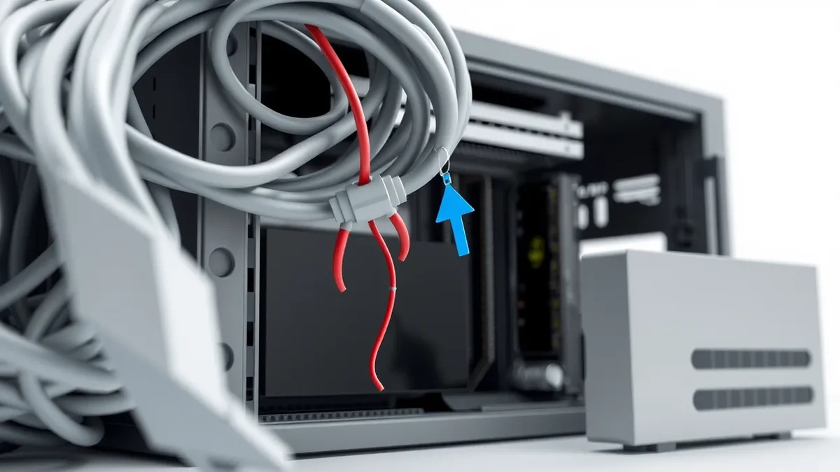Illustration: A tangled knot of gray cables connects to an open metal server chassis with exposed circuit boards.