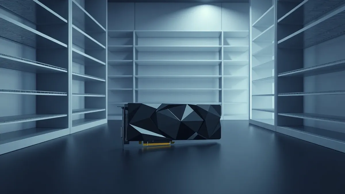 Illustration: A high-end graphics card rests alone on a dark surface, its sleek black casing reflecting ambient light.