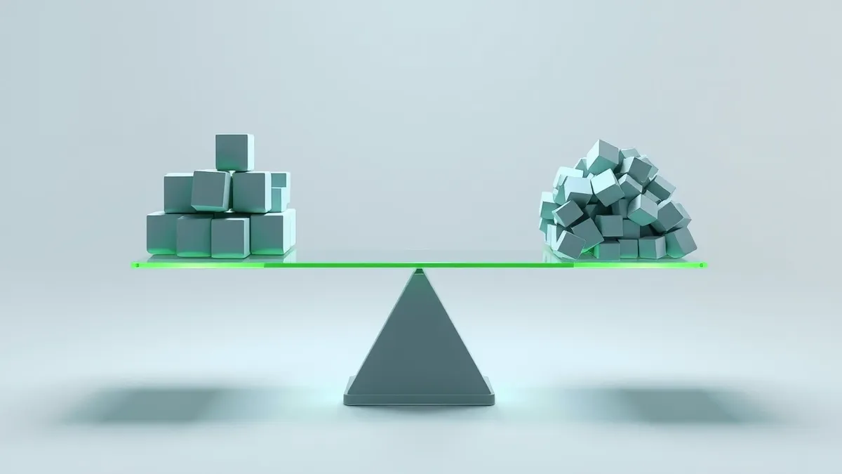 Illustration: A transparent digital scale balances two piles of data blocks.