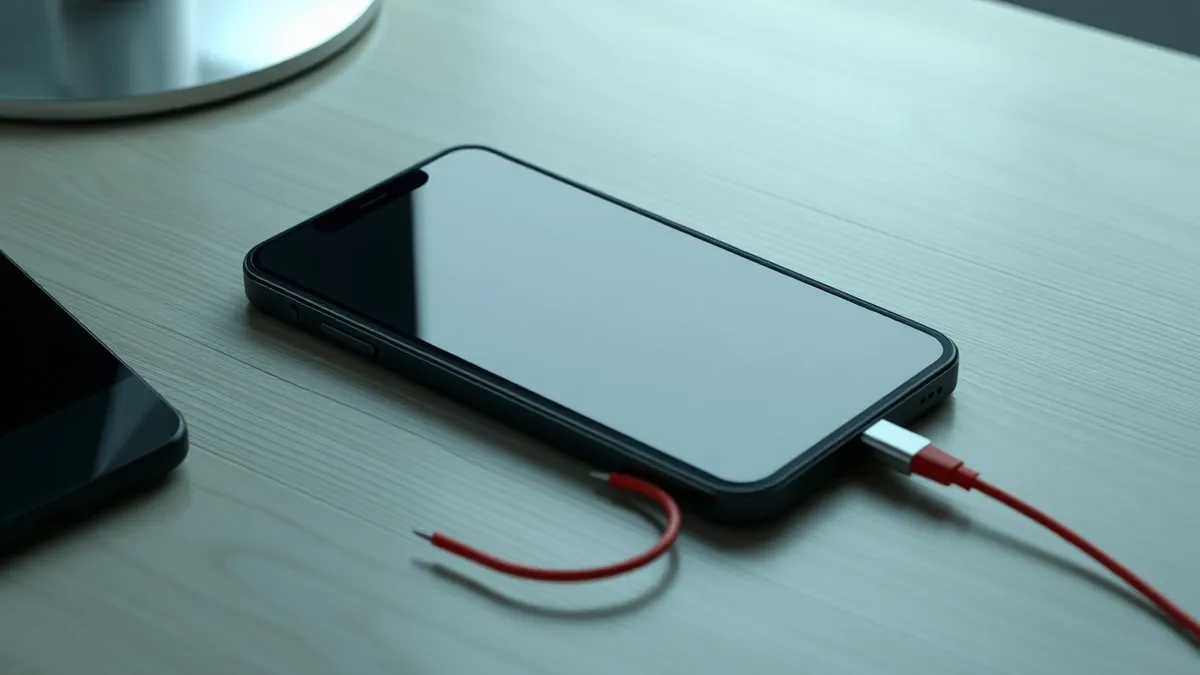 Illustration: A sleek black smartphone sits on a wooden desk, its blank screen glowing with a faint, erratic pulse of light.