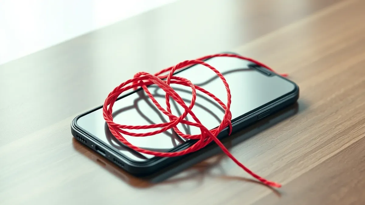 Illustration: A sleek black smartphone rests on a polished wooden table, its blank screen reflecting the room.