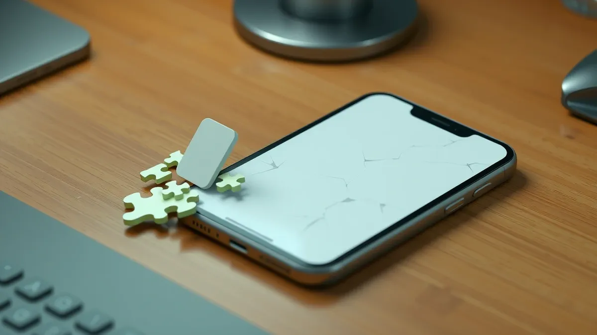Illustration: A cracked smartphone screen rests on a wooden desk beside a small pile of digital puzzle pieces that fit together to form a solid shield.