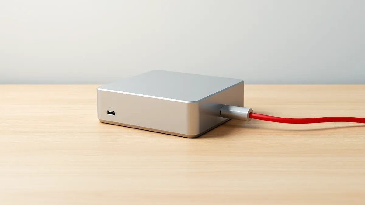 Illustration: A silver external hard drive sits isolated on a clean wooden desk, connected to nothing.