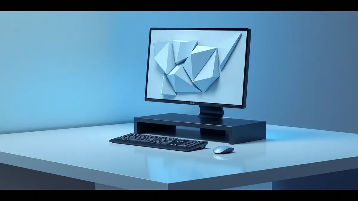 Illustration: A sleek black terminal sits on a polished desk, its screen displaying abstract geometric shapes that rapidly shift and rearrange.