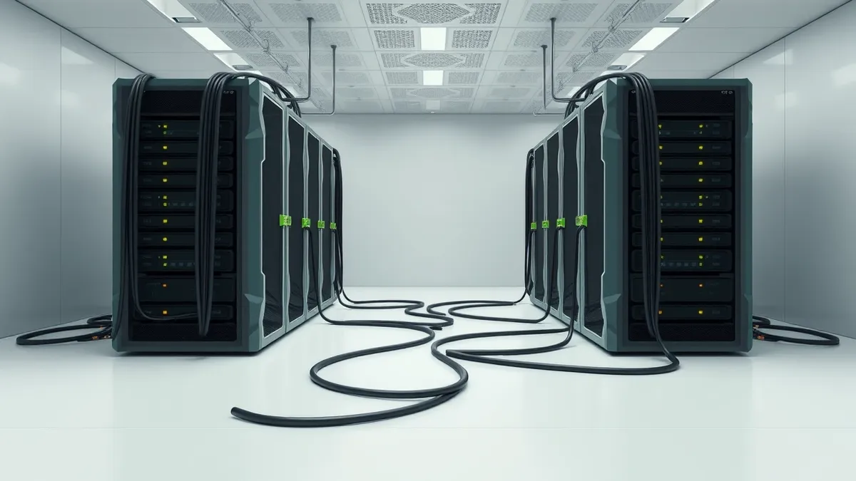 Illustration: Two massive server racks stand side by side in a sterile data center, connected by thick bundles of black cables snaking across the floor.
