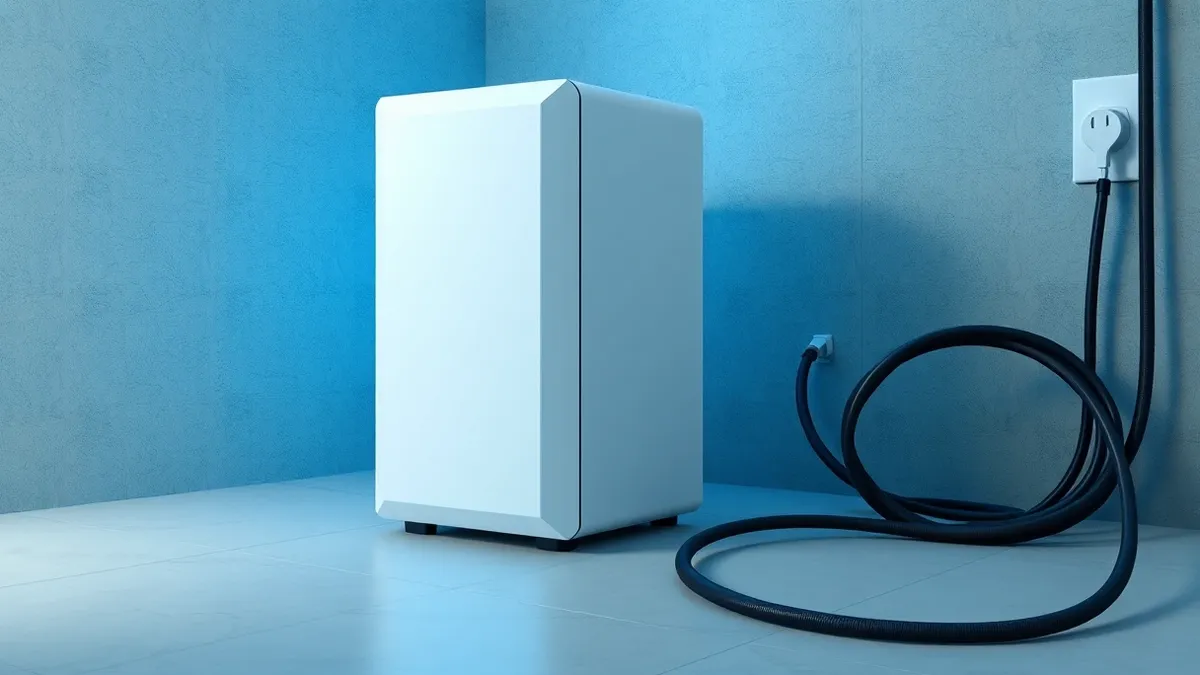 Illustration: A sleek white server tower sits on a concrete floor, its blank front panel reflecting cool blue light.