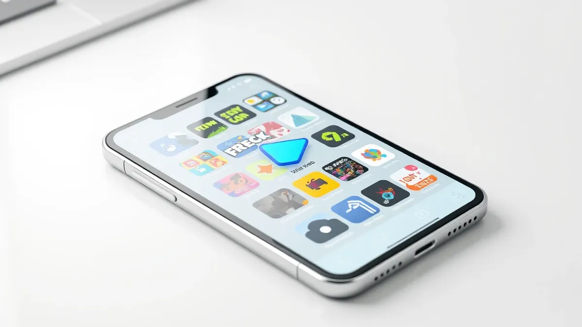 Illustration: A sleek smartphone rests on a clean white desk, its screen displaying a grid of colorful abstract game icons behind a frosted glass overlay.