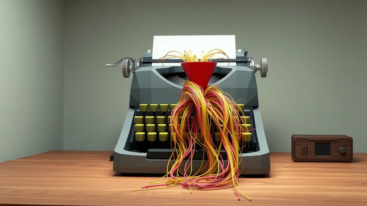 Illustration: A large, intricate mechanical typewriter sits on a wooden desk.