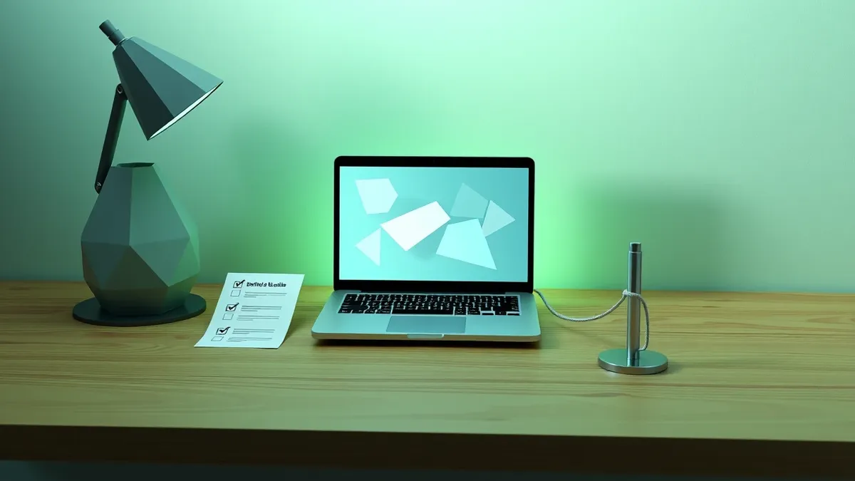 Illustration: A small wooden desk holds a single laptop displaying abstract geometric shapes on its screen.