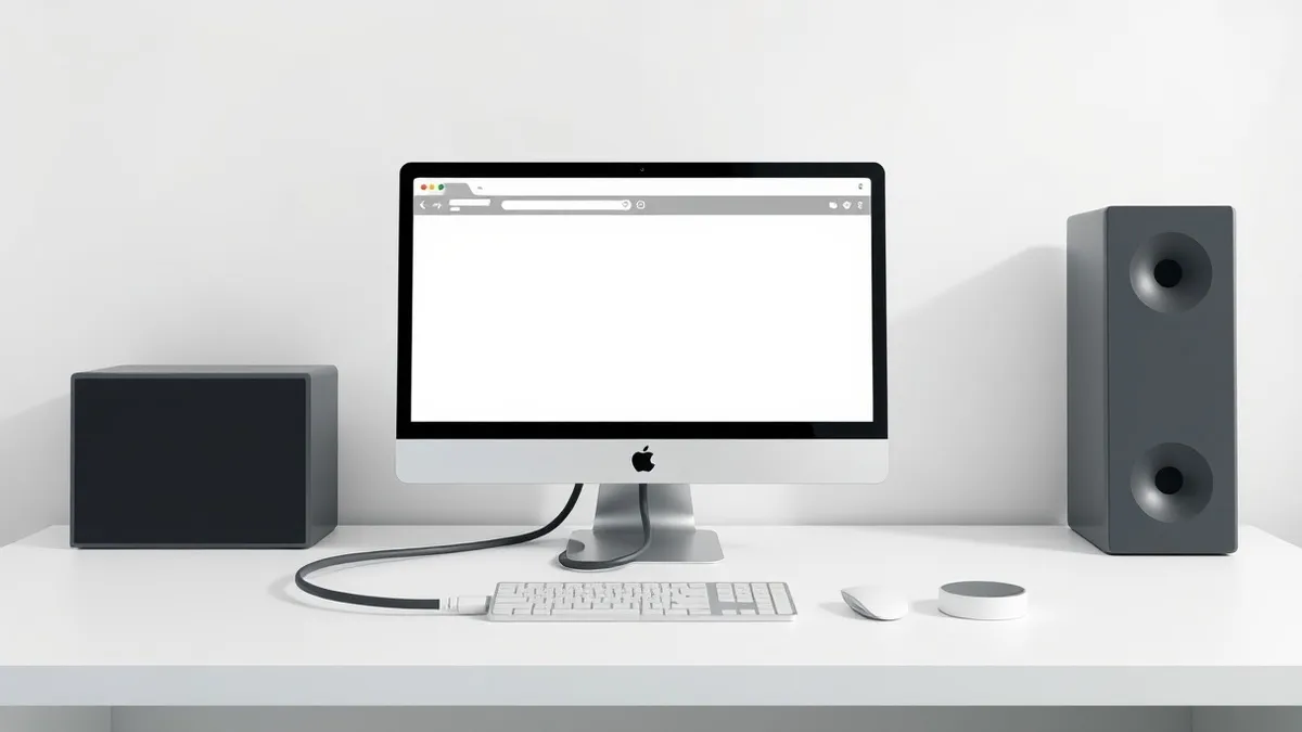Illustration: A sleek desktop computer sits on a clean white desk, its screen displaying a blank browser window with simple geometric shapes.