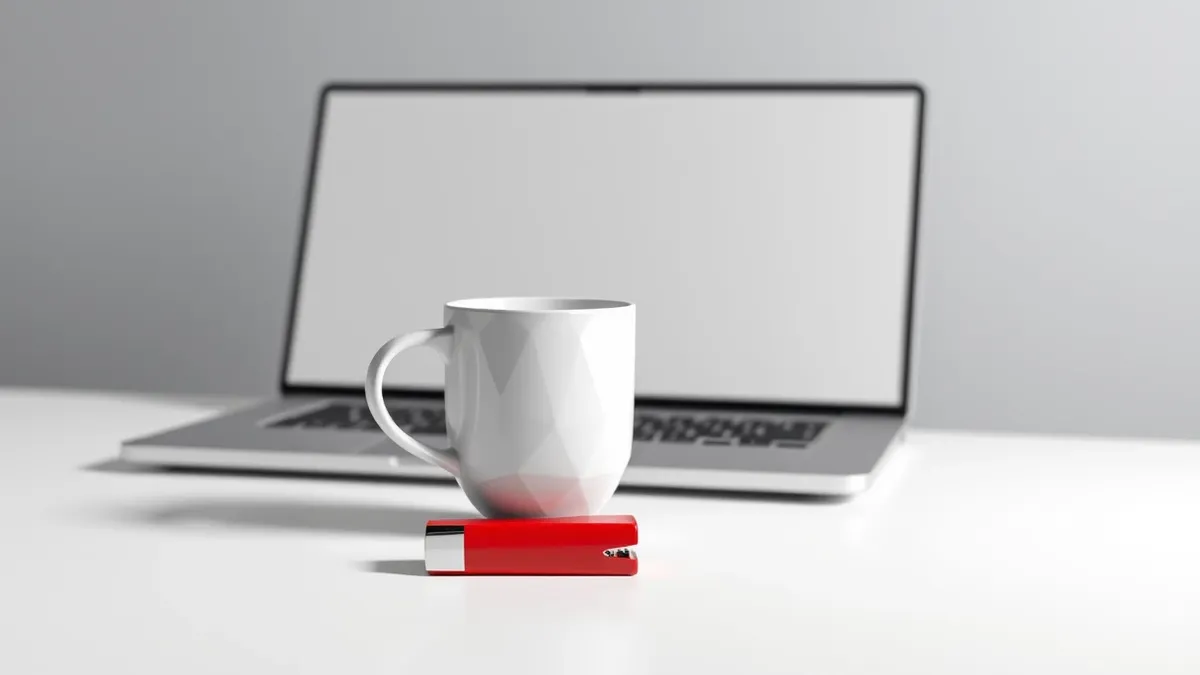 Illustration: A white ceramic coffee cup sits on a sleek white desk beside a closed laptop.