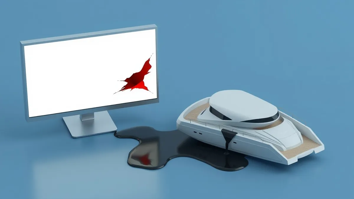 Illustration: A sleek, empty luxury yacht floats on calm blue water beside a computer monitor displaying a blank white webpage.