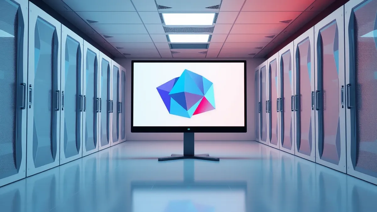 Illustration: A sterile server room features a single monitor displaying abstract geometric shapes that shift subtly from cool blue tones to aggressive red hues, representing hidde