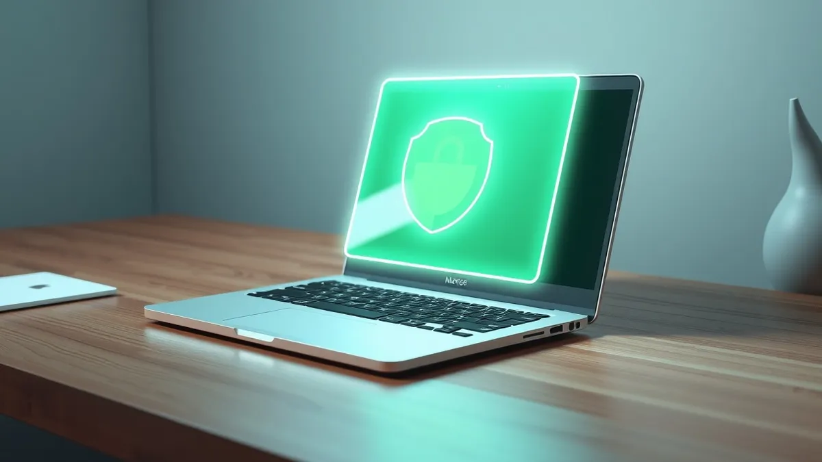 Illustration: A sleek Chromebook rests on a wooden desk.