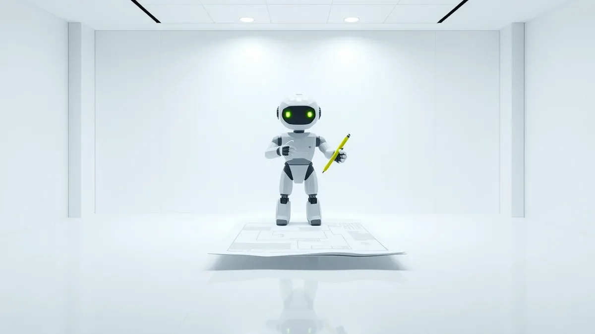 Illustration: A sleek autonomous coding robot stands in a sterile white room.