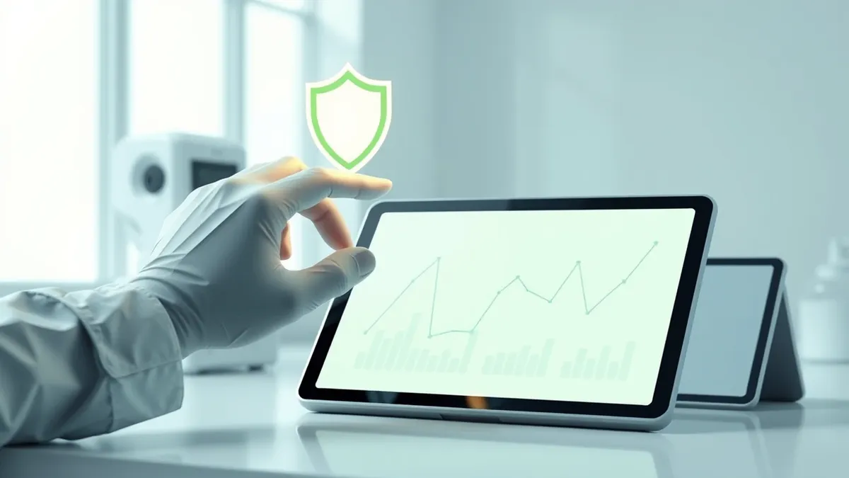 Illustration: A researcher’s hand hovers over a blank tablet screen, pausing before confirming an abstract data visualization.