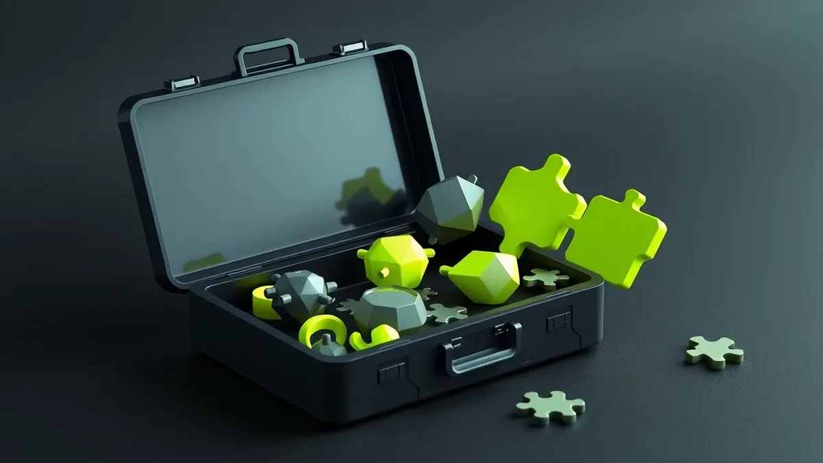 Illustration: A sleek black toolbox sits open on a dark surface, revealing neatly organized compartments filled with interchangeable digital puzzle pieces.