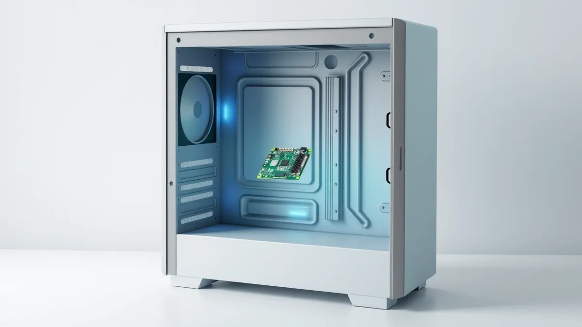 Illustration: A sleek silver computer tower sits on a clean white desk with its side panel removed.