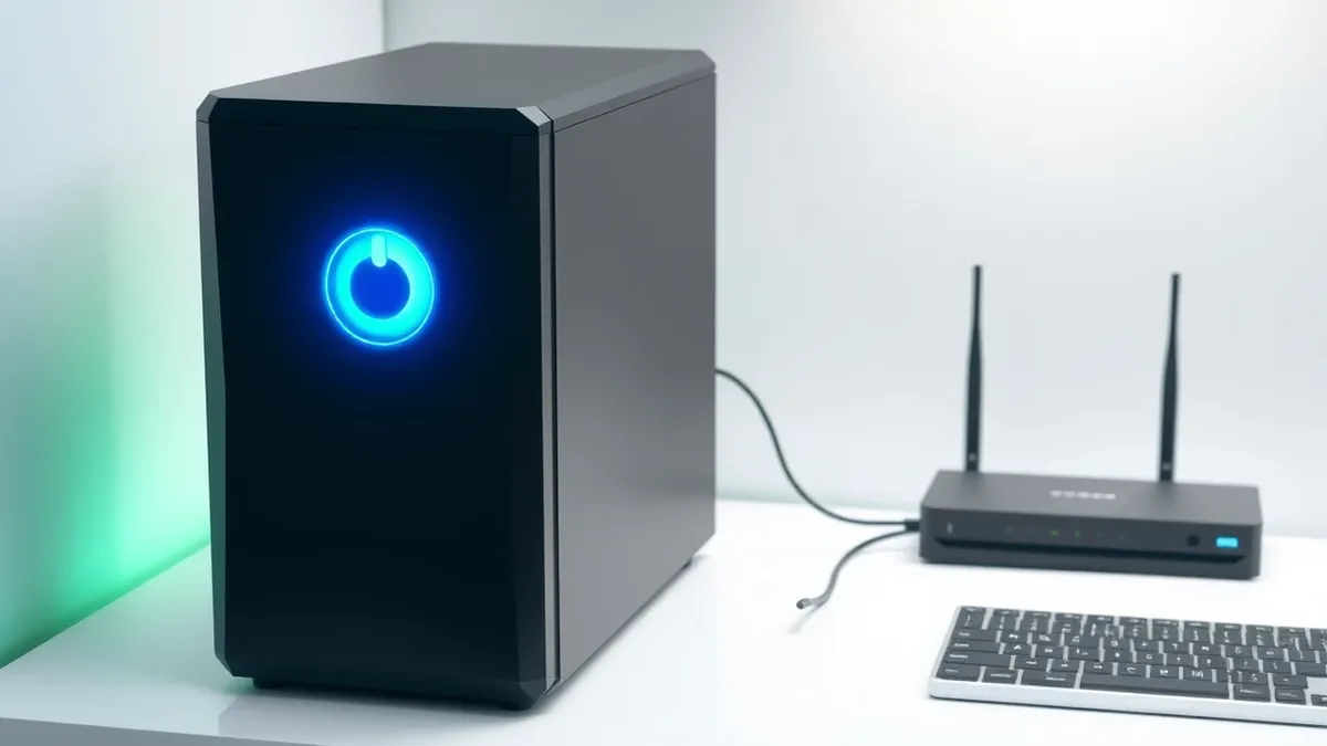 Illustration: A sleek black server tower sits on a clean white desk with its power button glowing blue.