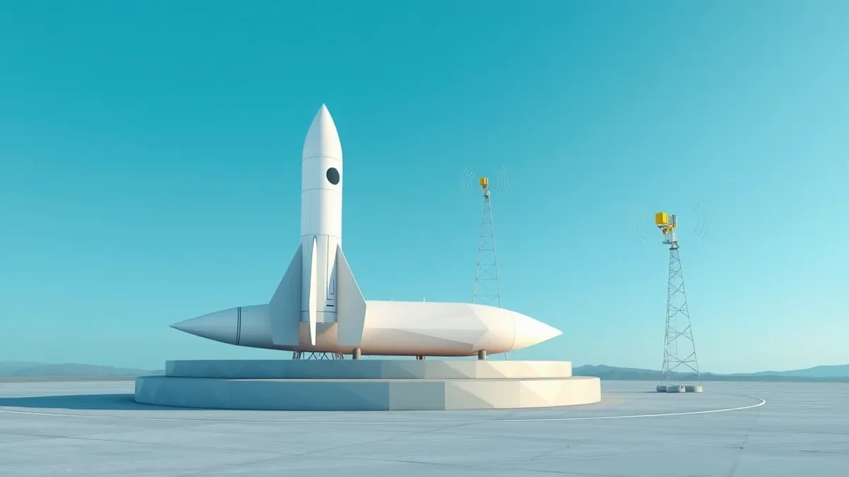 Illustration: A sleek white rocket rests on a concrete launchpad under a clear blue sky.