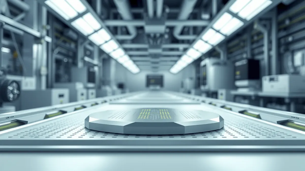 Illustration: A polished silicon wafer rests on a cleanroom tray, its surface reflecting bright overhead lights.