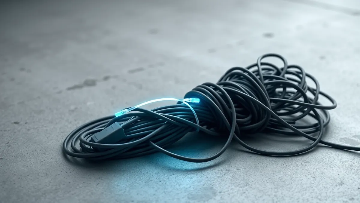 Illustration: A tangled knot of fiber optic cables lies on a concrete floor.