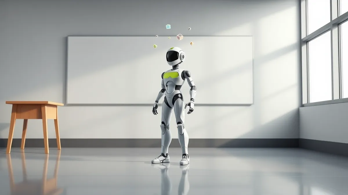 Illustration: A sleek humanoid robot stands on a polished classroom floor next to a simple wooden desk.