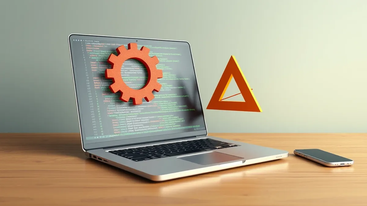 Illustration: A sleek silver laptop sits on a wooden desk, its screen displaying lines of colorful abstract code.