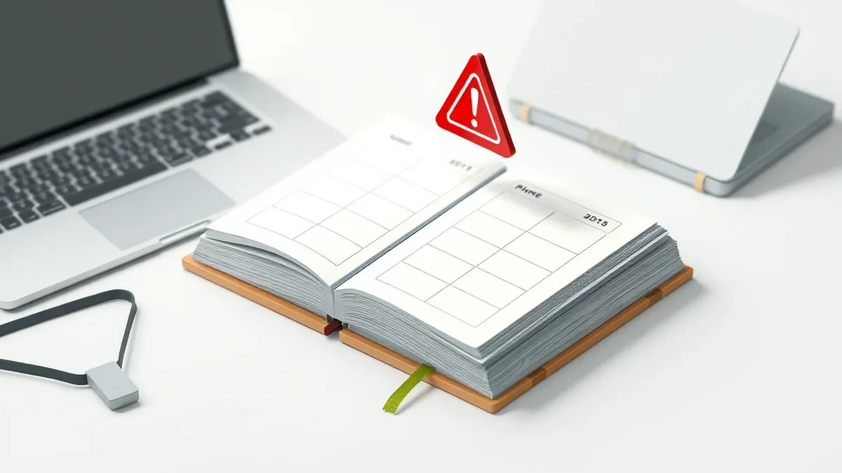 Illustration: A wooden appointment book lies open on a cluttered desk next to a sleek silver laptop.