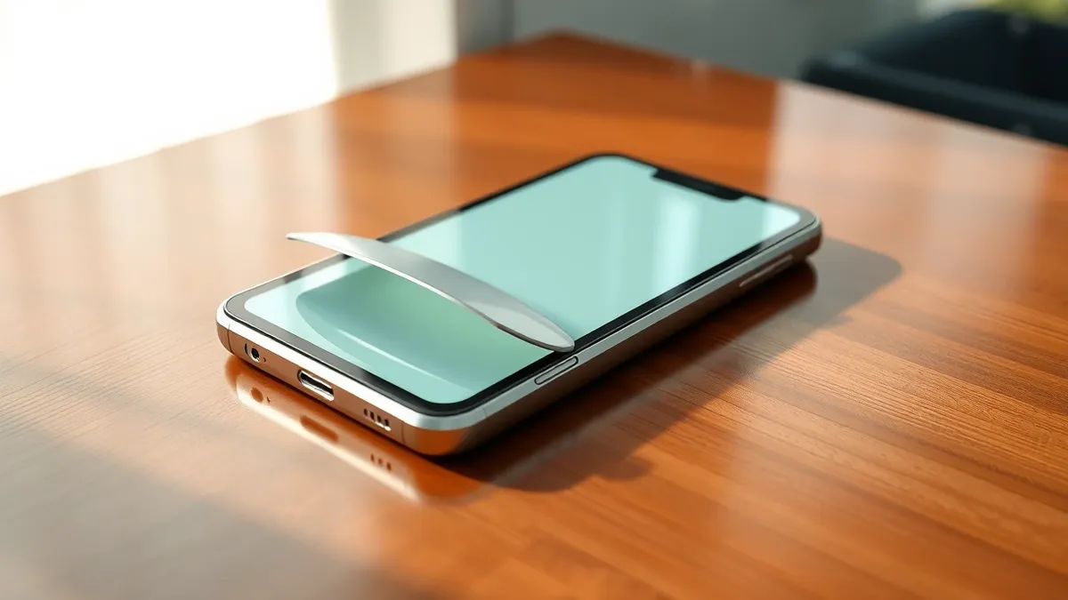 Illustration: A sleek smartphone with a creased screen lies flat on a polished wooden desk, its hinge mechanism slightly exposed to reveal intricate internal gears.