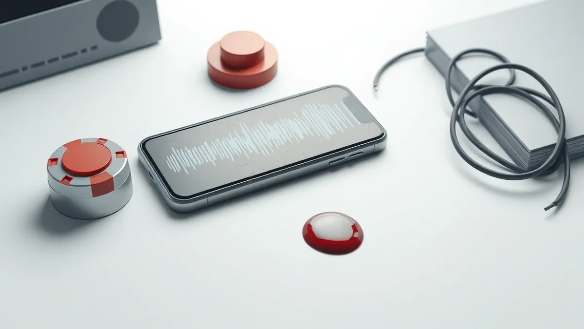 Illustration: A cracked smartphone rests on a cold metal desk next to a red emergency stop button and a tangled audio cable.