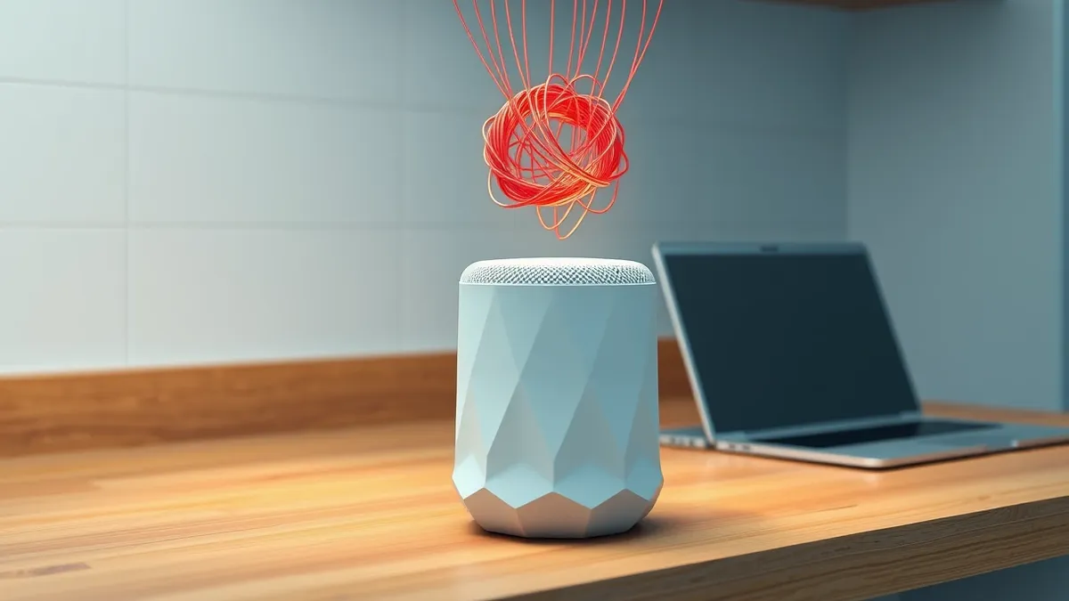 Illustration: A white cylindrical smart speaker sits on a wooden kitchen counter next to a closed laptop.