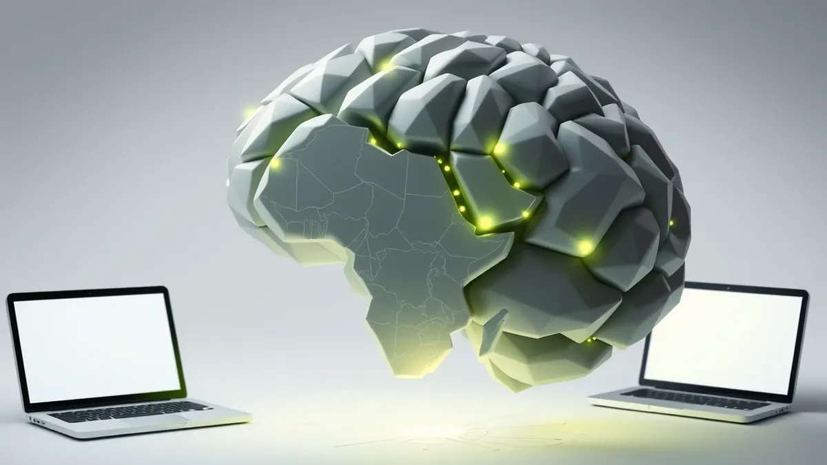Illustration: A sleek, abstract brain hovers above a simplified wireframe globe, with glowing threads connecting major landmasses.