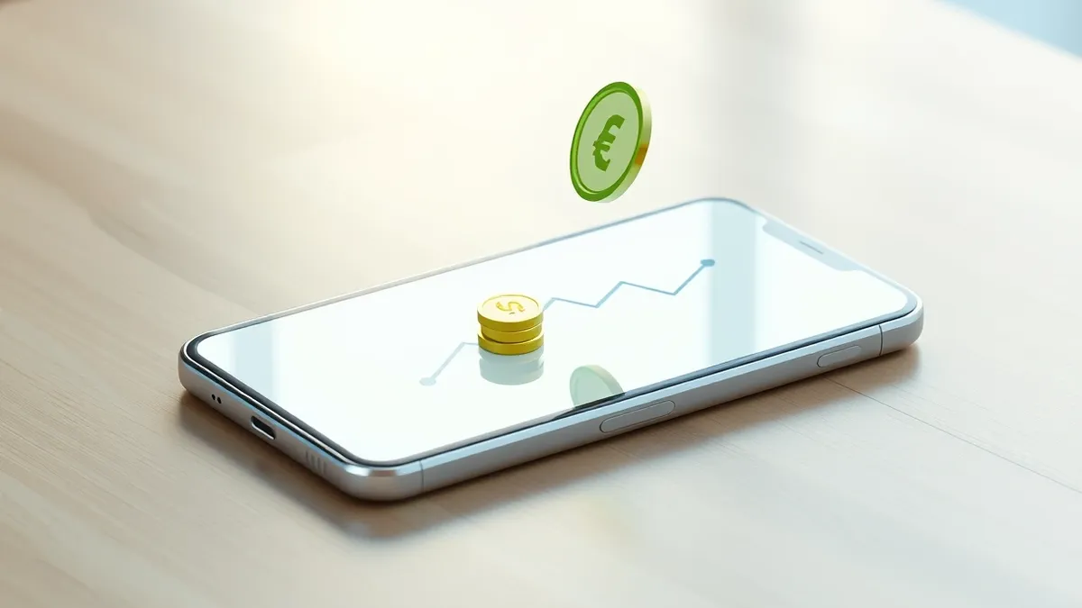 Illustration: A sleek smartphone rests on a wooden table, its screen displaying a blank digital wallet interface with an upward trending abstract line graph.
