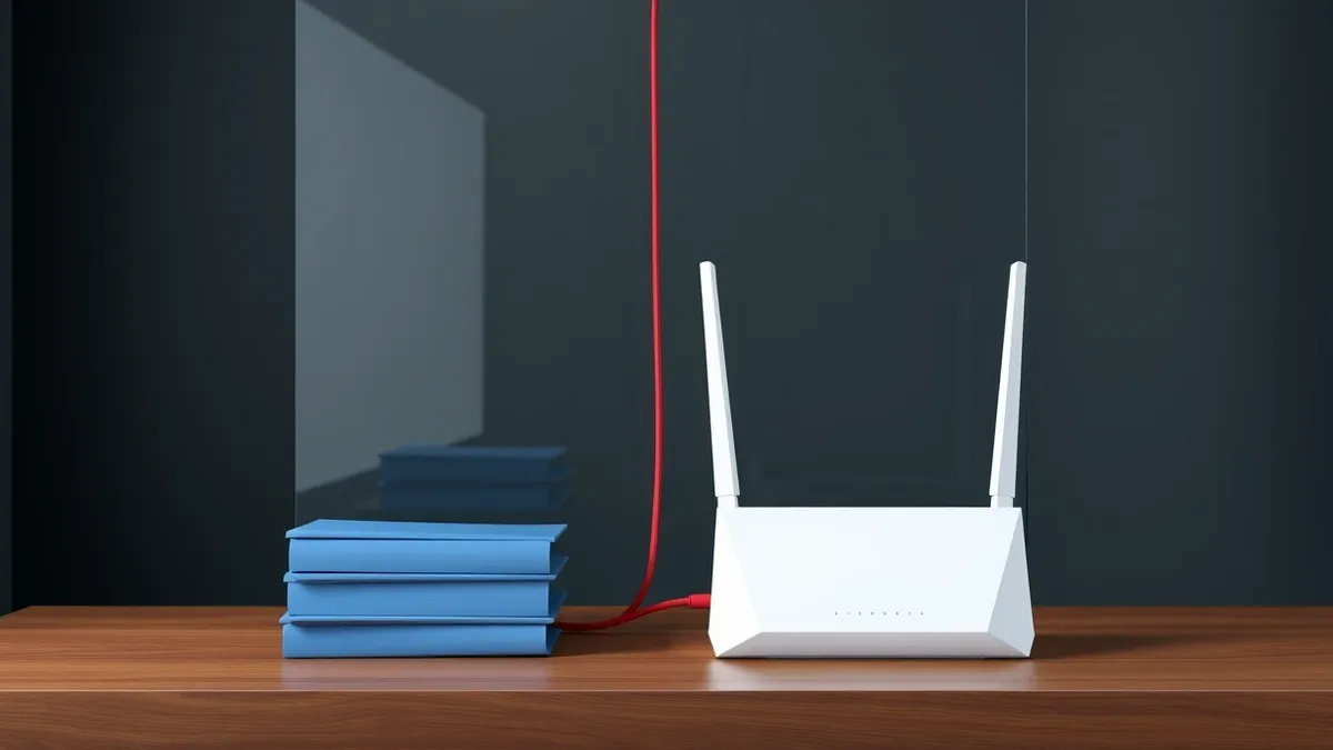Illustration: A white network router sits on a wooden desk beside a stack of three blank blue folders.