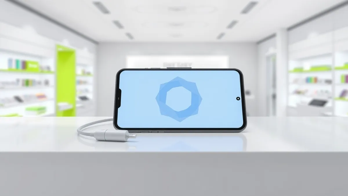 Illustration: A sleek smartphone sits on a clean white counter inside a bright retail space.