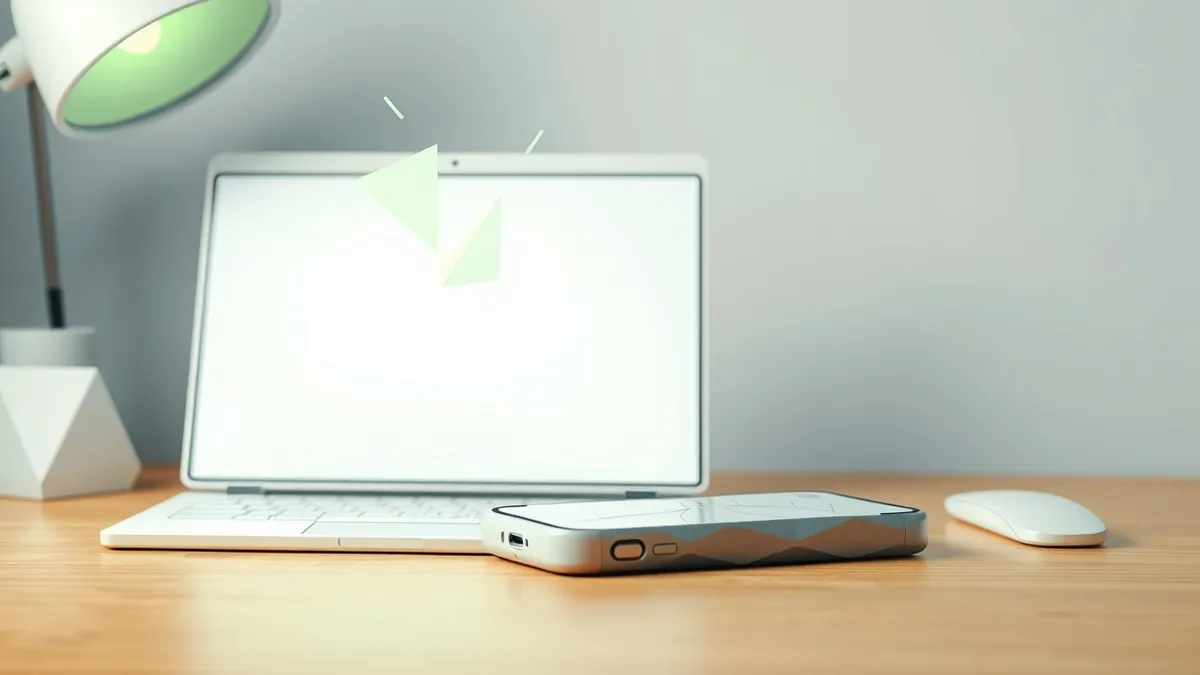 Illustration: A cracked smartphone case rests on a wooden desk next to a blank web browser window.