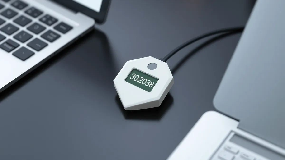 Illustration: A white plastic security token sits on a dark wooden desk next to a silver laptop.