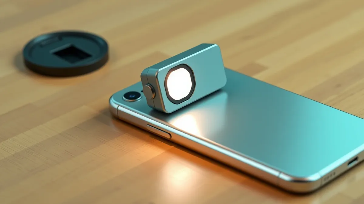 Illustration: A small square camera flash with circular magnets on its back attaches to the rear of a silver smartphone.