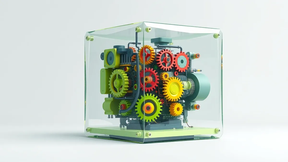 Illustration: A transparent glass box reveals colorful interlocking mechanical gears and intricate circuitry inside.