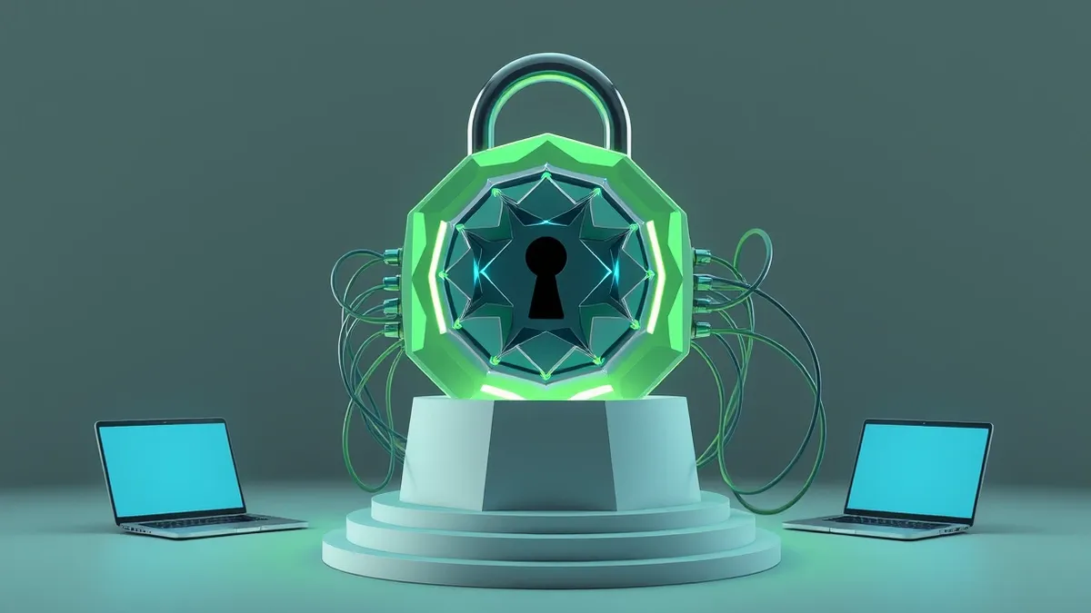 Illustration: A sleek digital lock sits heavily on a smooth pedestal, its intricate geometric tumblers glowing with soft blue light.