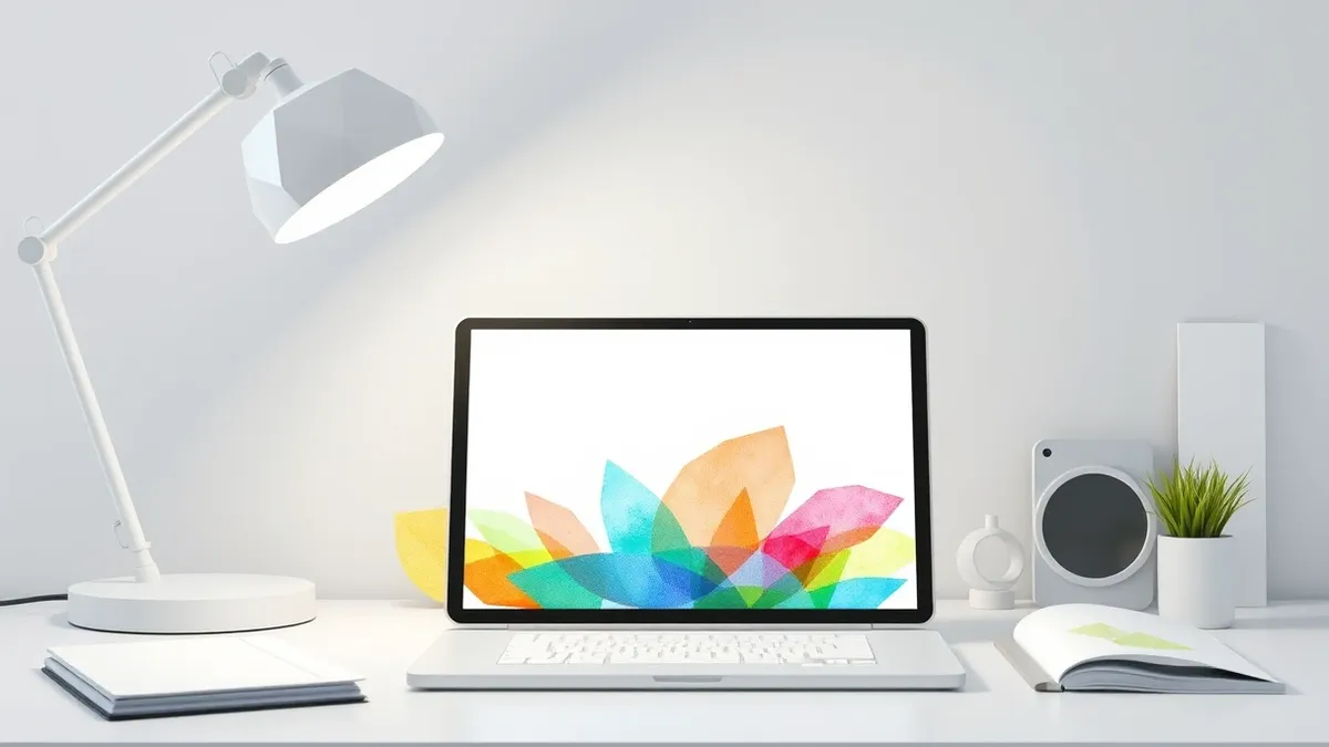 Illustration: A sleek white desk lamp illuminates a tablet screen displaying a vibrant, abstract watercolor landscape.