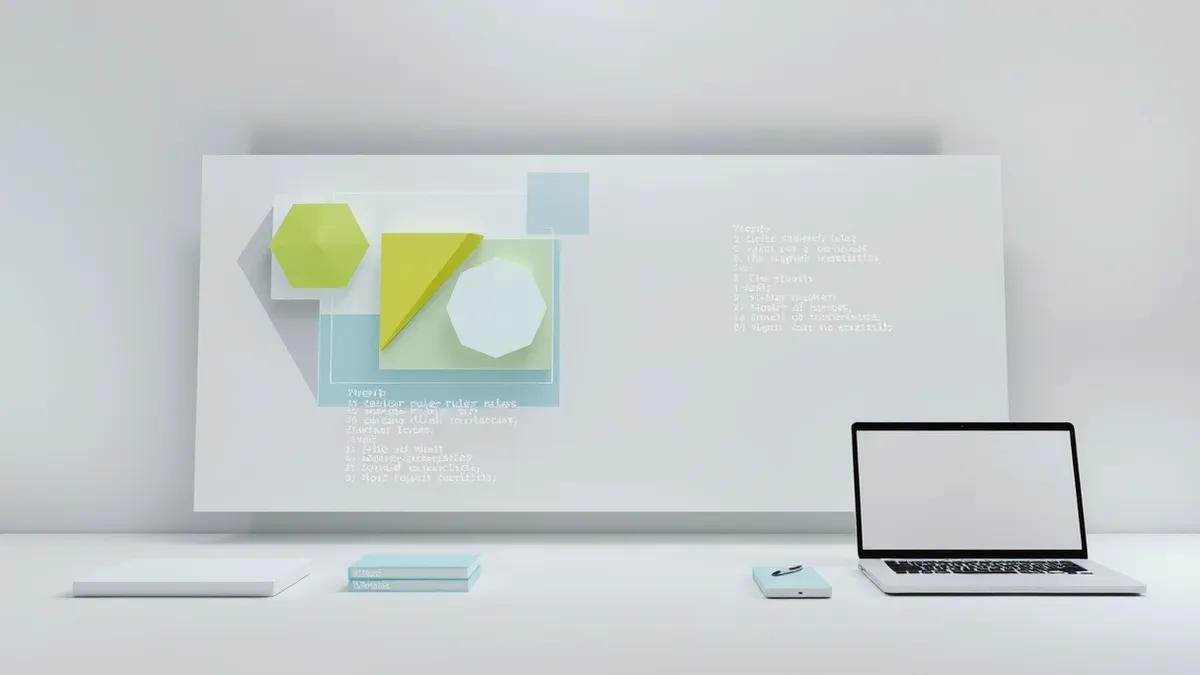 Illustration: A sleek digital design interface displays layered abstract shapes and color swatches on a blank canvas.