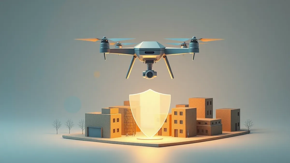 Illustration: A sleek, silver drone hovers above a miniature cityscape made of cardboard blocks.