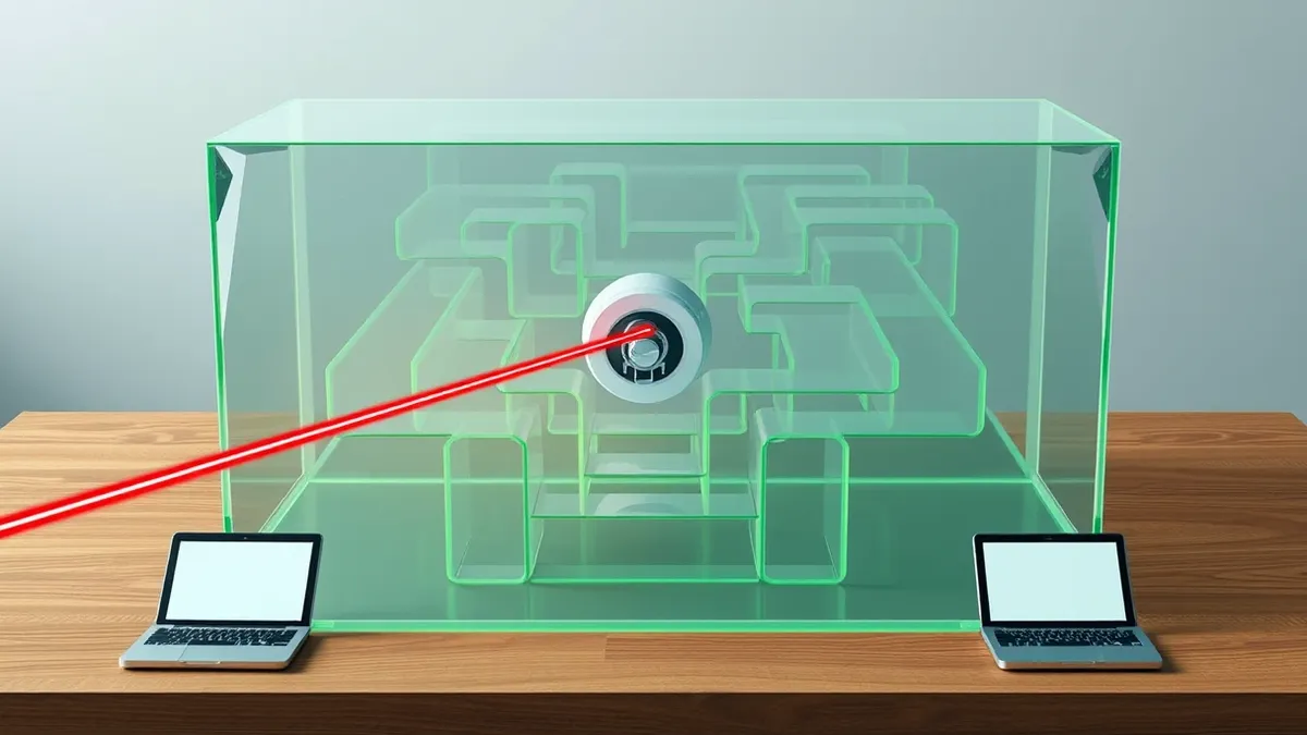 Illustration: A transparent glass maze sits on a wooden table with multiple narrow entrances leading to a central safe.