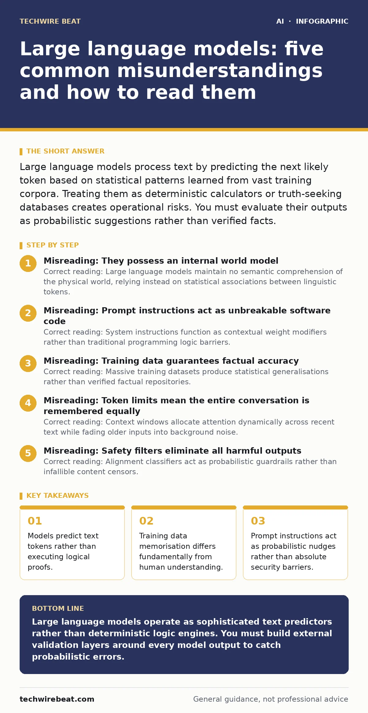 Infographic: Large language models: five common misunderstandings and how to read them. Models predict text tokens rather than executing logical proofs. Training data memorisation differs fundamentally from human understanding. Prompt instructions act as probabilistic nudges rather than absolute sec
