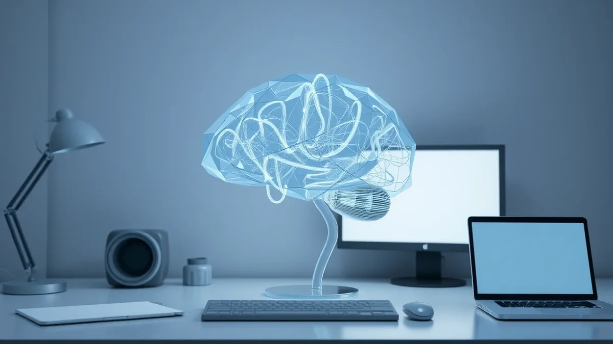 Illustration: A translucent glass brain sits on a desk, filled with tangled threads of light that weave in and out without forming a clear shape.