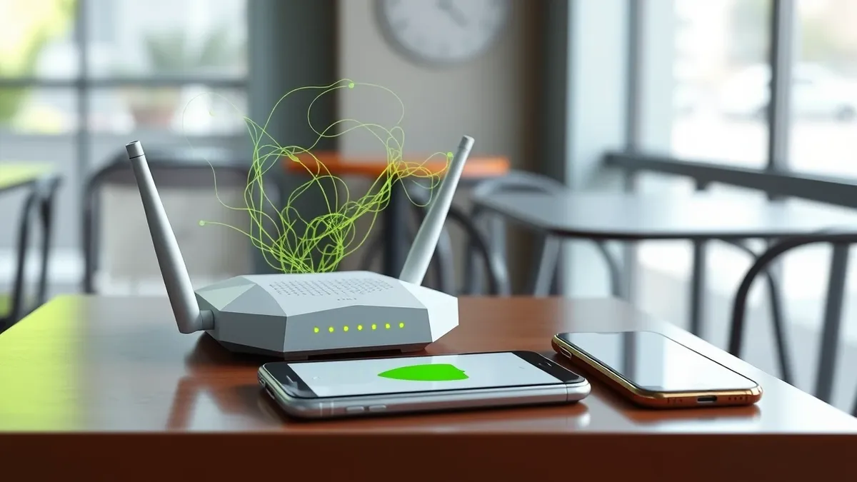 Illustration: An open Wi-Fi router sits on a cafe table, emitting visible, tangled signal waves that drift carelessly into the air.