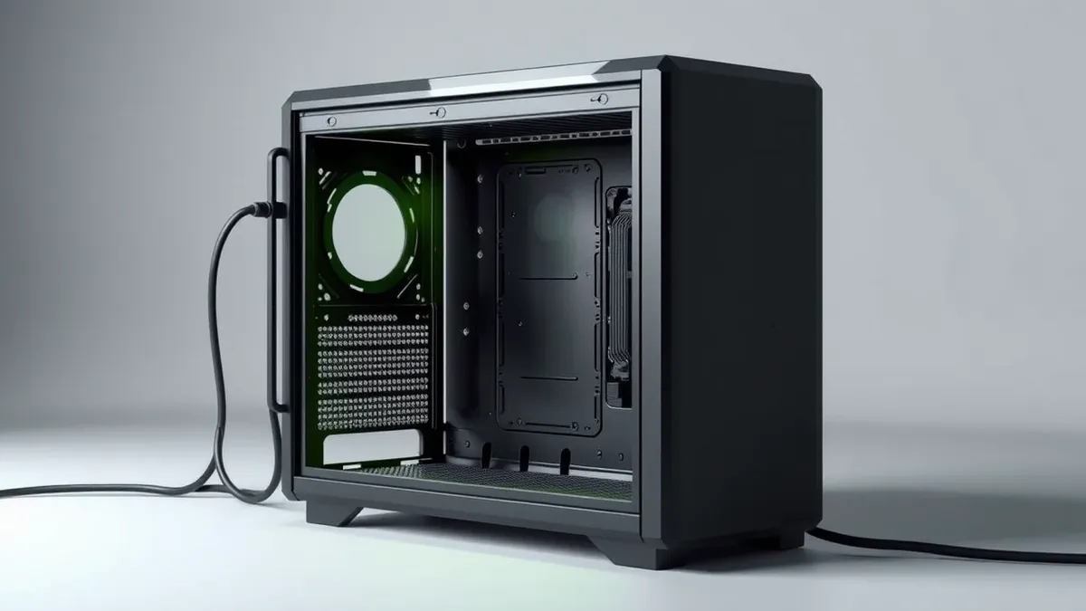 Illustration: A single black server tower sits open on a plain gray floor.