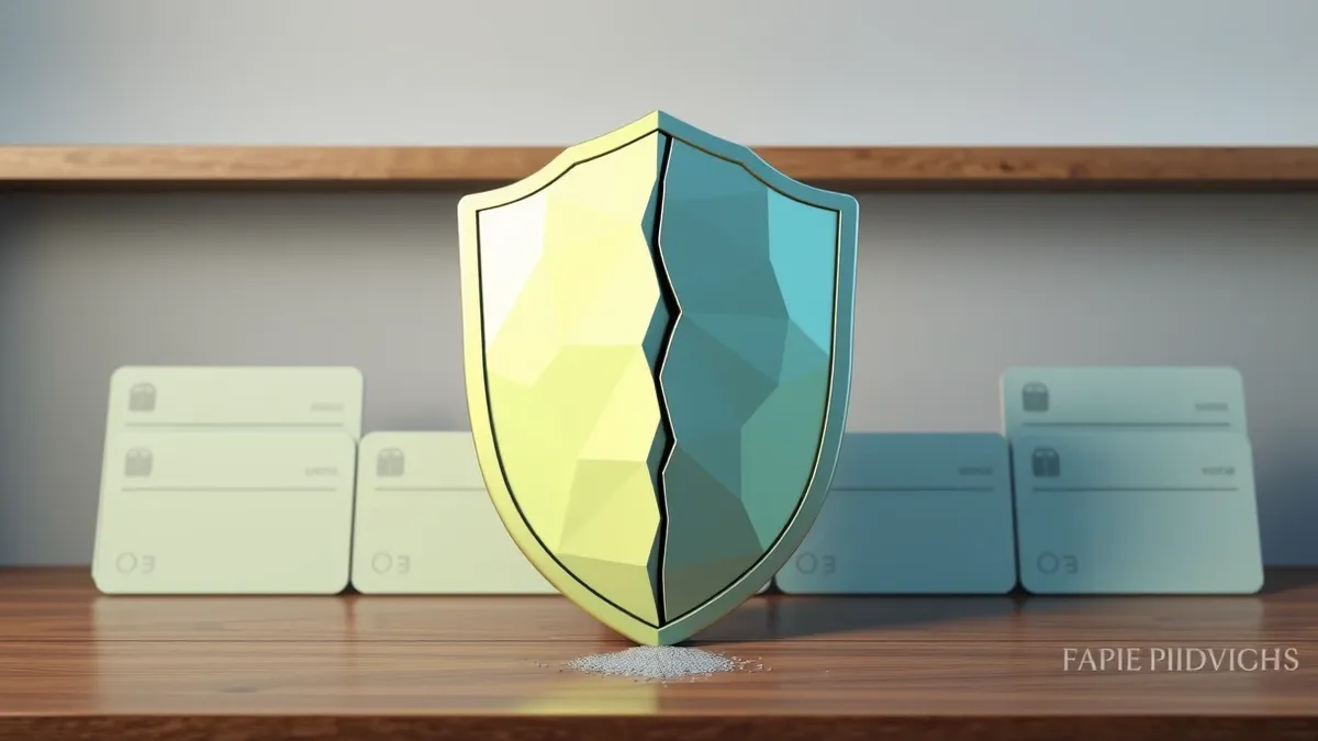 Illustration: A solid metal shield stands upright on a wooden desk, blocking a row of blank credit cards.